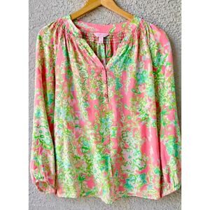 Lilly Pulitzer Elsa 100% Silk Blouse Pink Green Floral Resort Sz S